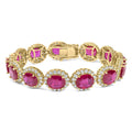 14K Yellow Gold 6 2/5 Cttw Diamond and 34.0 Cttw Oval Red Ruby Halo Link Bracelet (I-J Color, SI1-SI2 Clarity) - 7.25" Inches