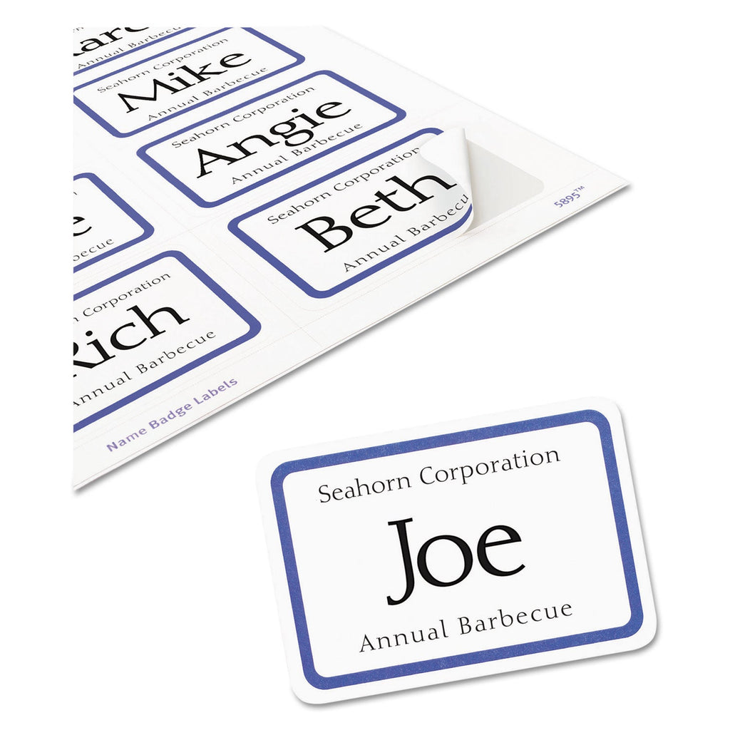 Avery Flexible Adhesive Name Badge Labels, 3.38 x 2.33, White/Blue Border, 400/Box