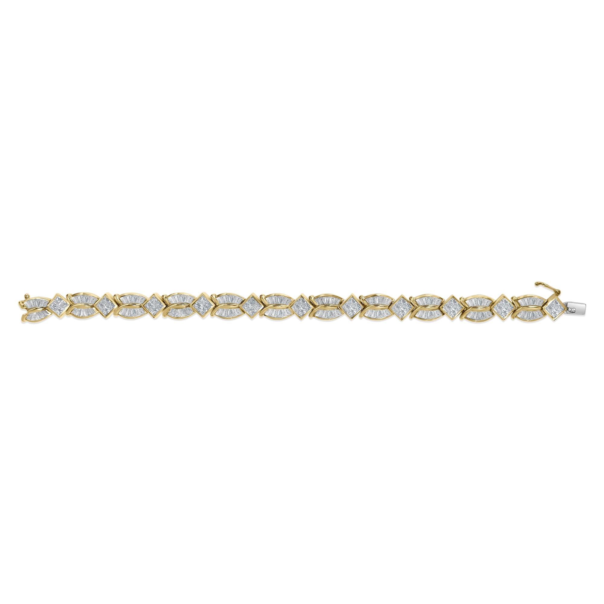 14K Yellow Gold 8 1/5 Cttw Baguette and Princess-Cut Diamond Geometric Twist Link Bracelet (G-H Color, VS1-VS2 Clarity) - Size 7"