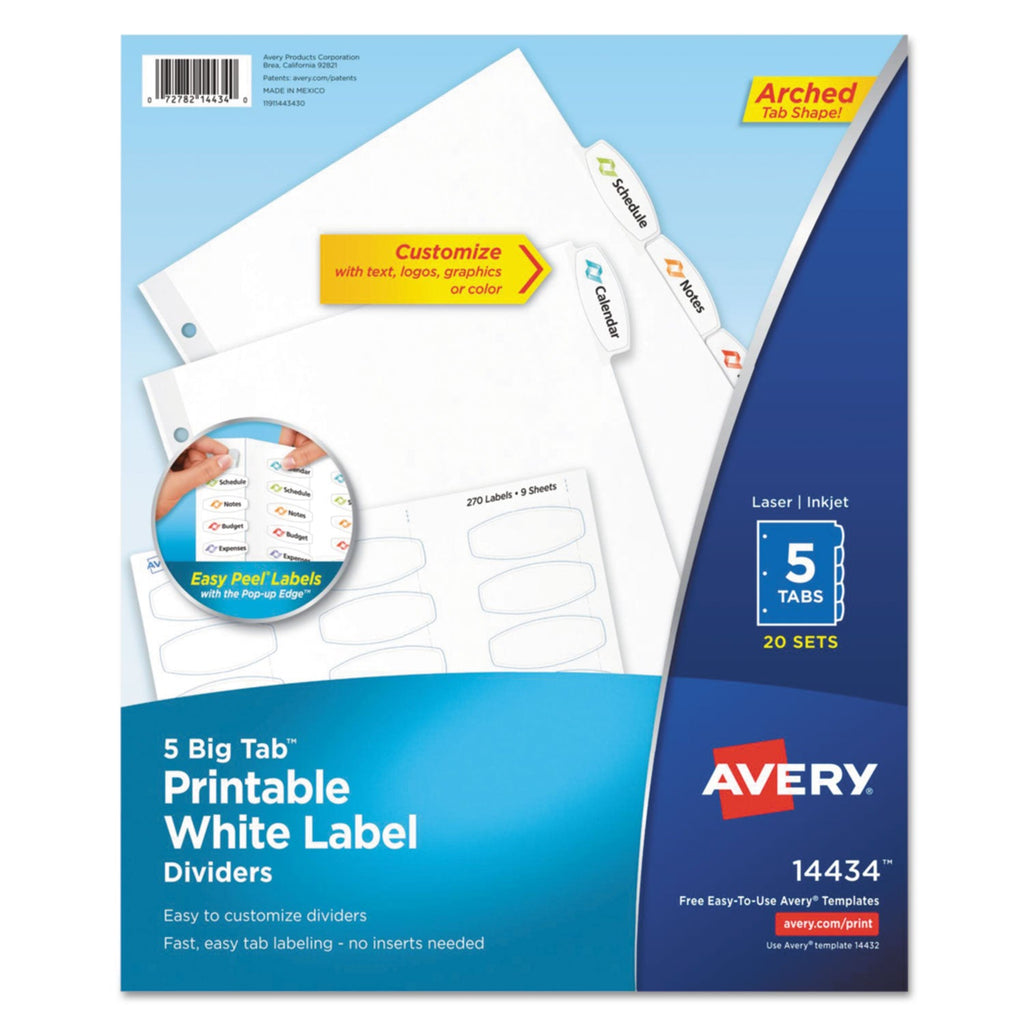 Avery Big Tab Printable White Label Tab Dividers, 5-Tab, 11 x 8.5, White, 20 Sets