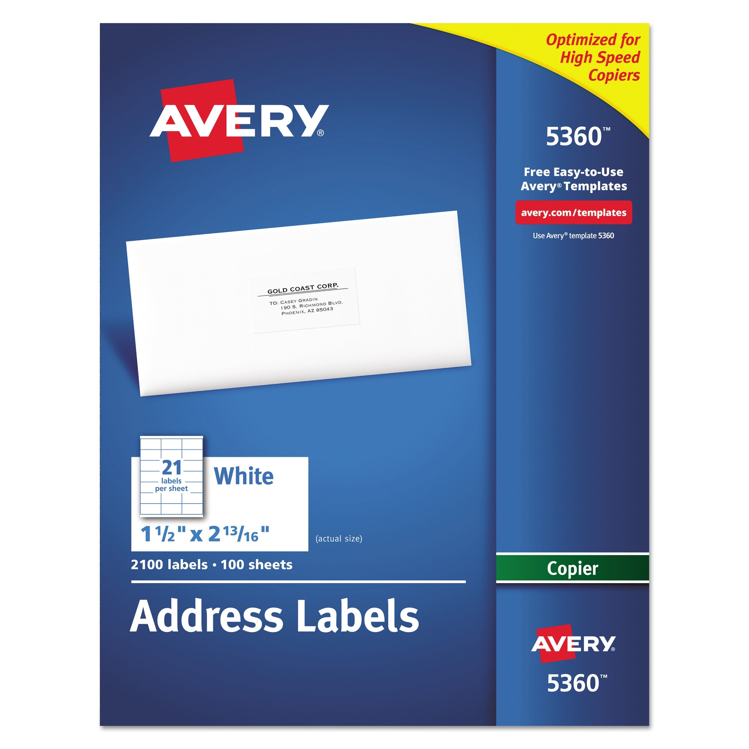 Avery Copier Mailing Labels, Copiers, 1.5 x 2.81, White, 21/Sheet, 100 Sheets/Box