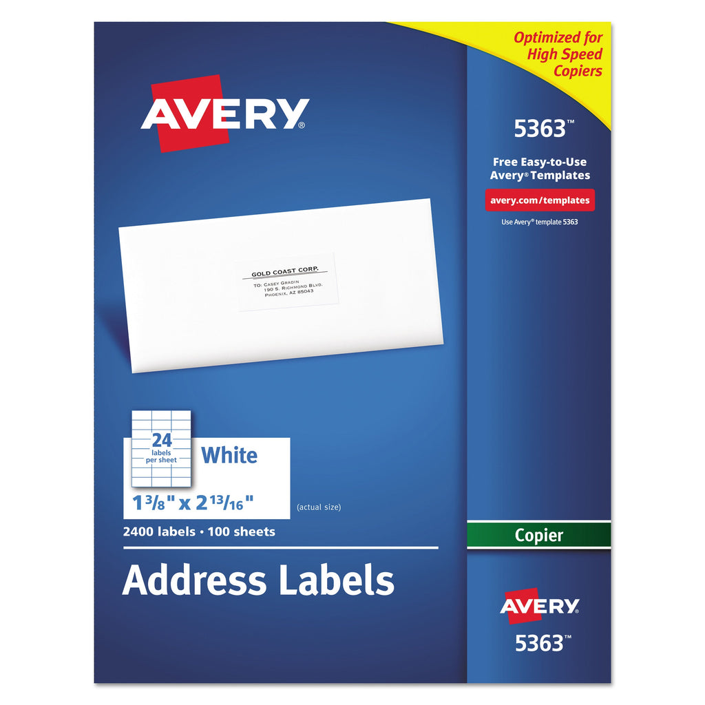 Avery Copier Mailing Labels, Copiers, 1.38 x 2.81, White, 24/Sheet, 100 Sheets/Box