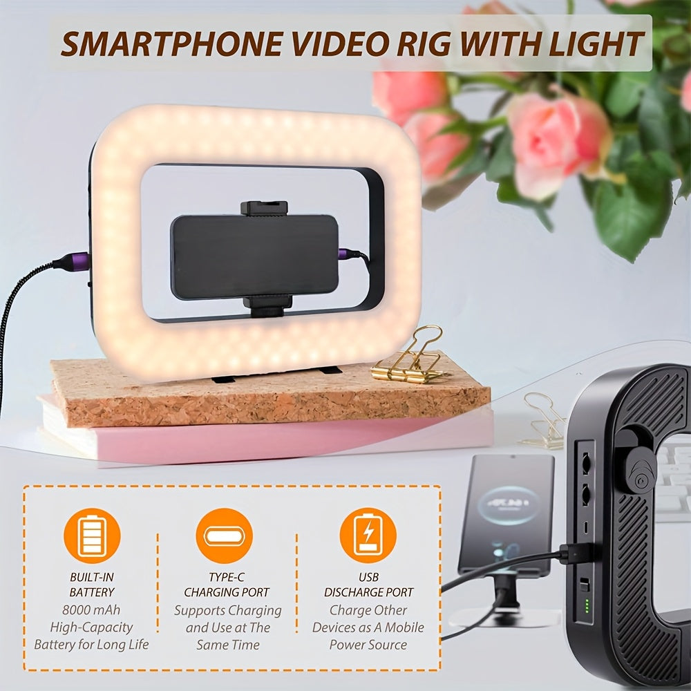 2025 NEWS Smartphone Video Rig With Light, 8000mAh Build-in Battery, Cell Phone Handheld Stabilizer With Ring Light 2500-8500k Selfie Light For Camera, Smartphone, Action Camera, Setup, Filmmaking, Makeup, Vlogging