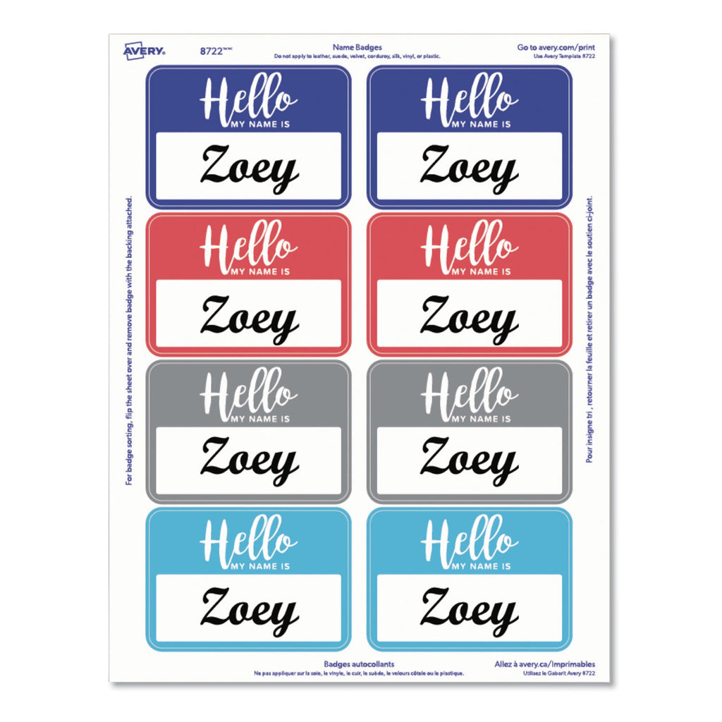 Avery Flexible Adhesive Name Badge Labels, "Hello", 3 3/8 x 2 1/3, Assorted, 120/PK