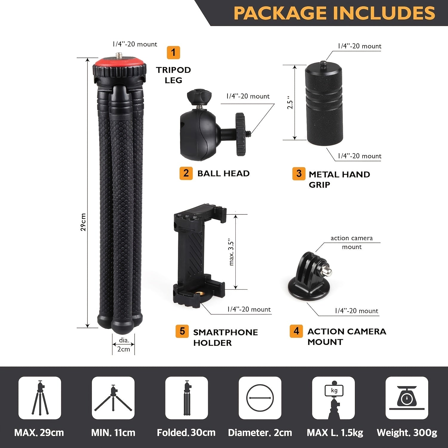 12" Flexible Mini Travel Tripod, Small Smartphone Holder For IPhone, Samsung Galaxy, GoPro Action Camera Mount, 360° Ball Head, Metal Hand Grip, Anti-Crack Camera Tripod For Canon Nikon, High-quality, Easy To Use