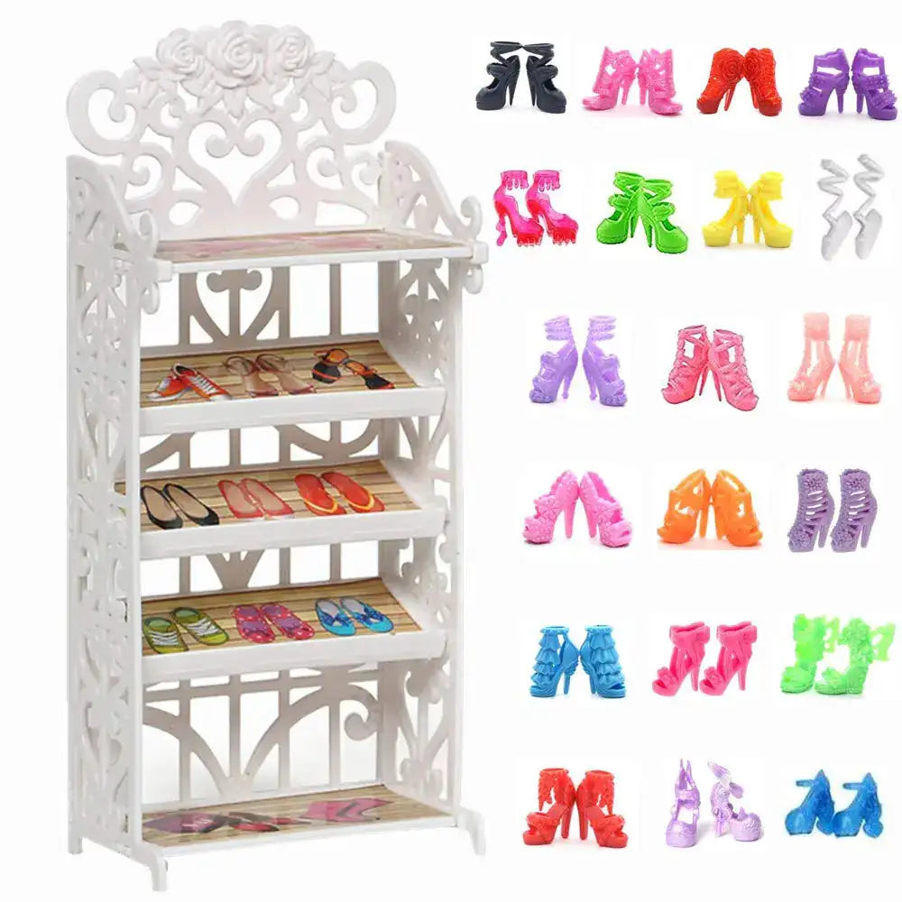 1 Doll Shoes Rack + 20 Pairs Doll Shoes Different Assorted Colors High Heel Shoes Doll Boots Flat Shoes Set Replacement for 11.5 inch Doll (Doll Rack & Shoes)