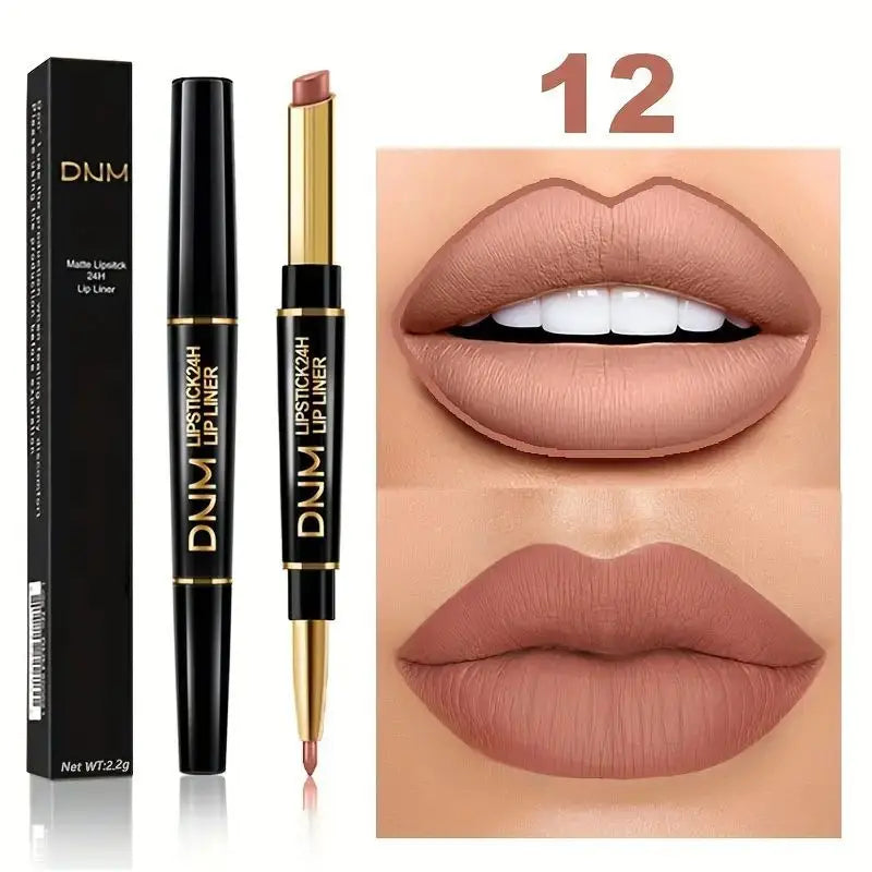 12 Colors Double-Ended Lipstick & Lip Liner Pencil，Waterproof, Non-Stick, Long Lasting,Make Natural Makeup Effect for All Skin