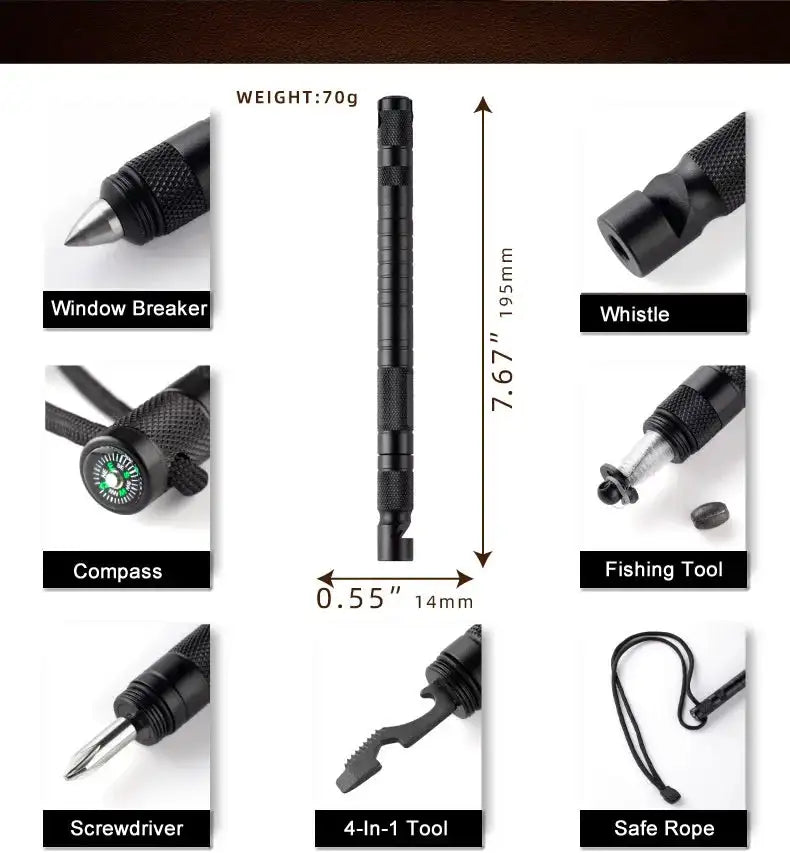 10-IN-1 Multi Function Portable Self Defense Pen Outdoor Survival Tool Fishing Whistle/Compass/Wrench/Screwdriver/Window Breaker