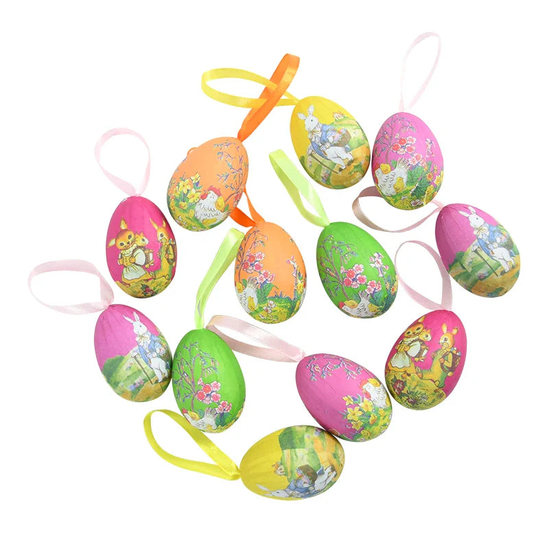 12Pcs Colorful Easter Eggs Hanging Pendant Ornament Rabbit Painting Egg Decor Happy Easter Party Decoration Home Kids Gifts 2025