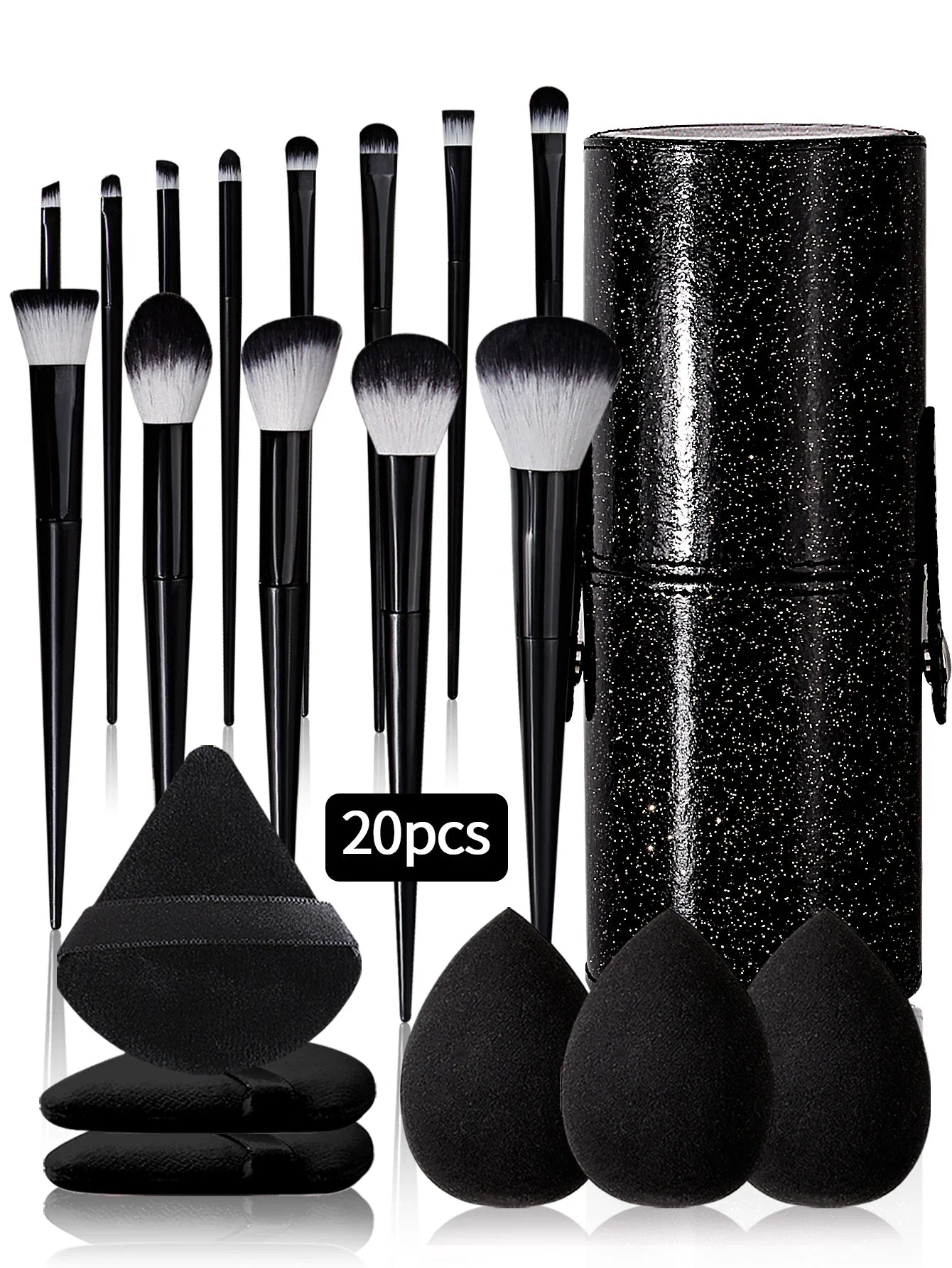 20pcs Makeup Brushe set Premium Synthetic Powder Foundation brush +Sparkling storage bucket and 6 makeup sponge powder puffs