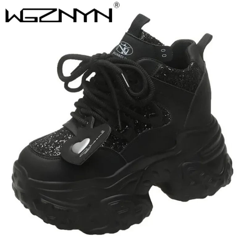 10.5CM Women Casual Platform Sneakers High Heels New Autumn Sports Leather Shoes Bling Trainers Chunky Sneaker Zapatos Mujer