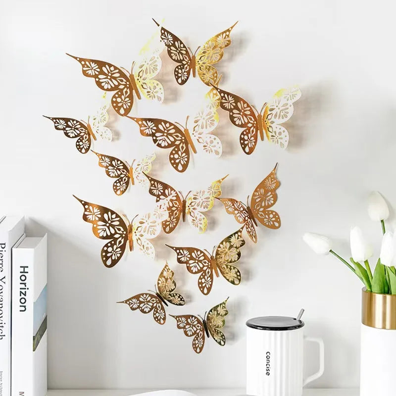 12 Pieces 3D Hollow Butterfly Wall Sticker Bedroom Living Room DIY Butterflies Art Wall Decor Wedding  Wallpaper Home Decoration