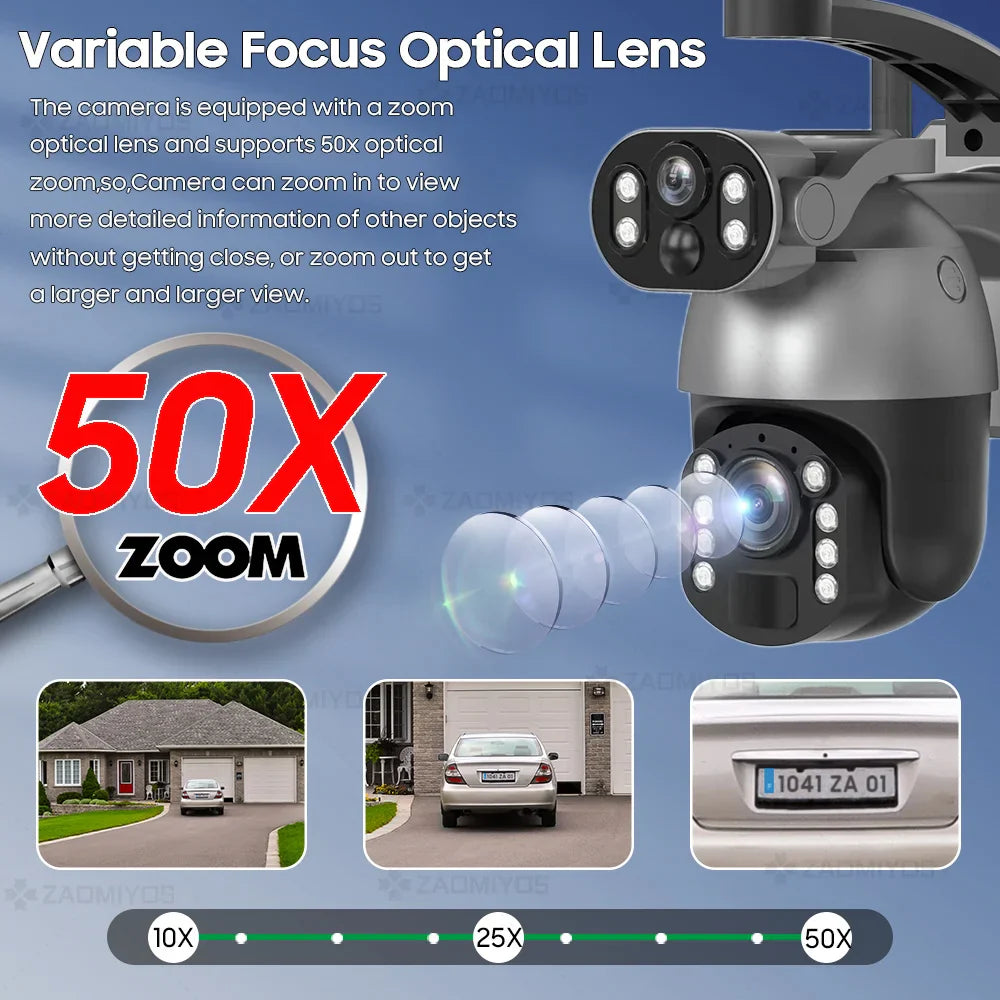 10MP 50x Zoom Dual Lens 4G SIM Solar Camera WIFI Outdoor Surveillance PTZ Human Detection Recording Security Night Vision Camera