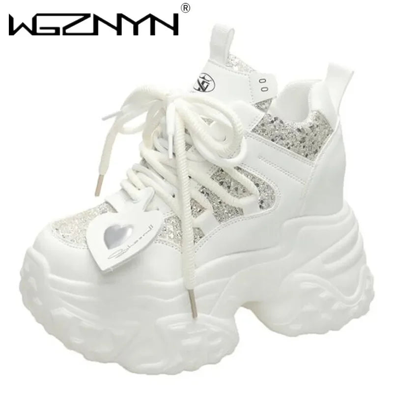 10.5CM Women Casual Platform Sneakers High Heels New Autumn Sports Leather Shoes Bling Trainers Chunky Sneaker Zapatos Mujer