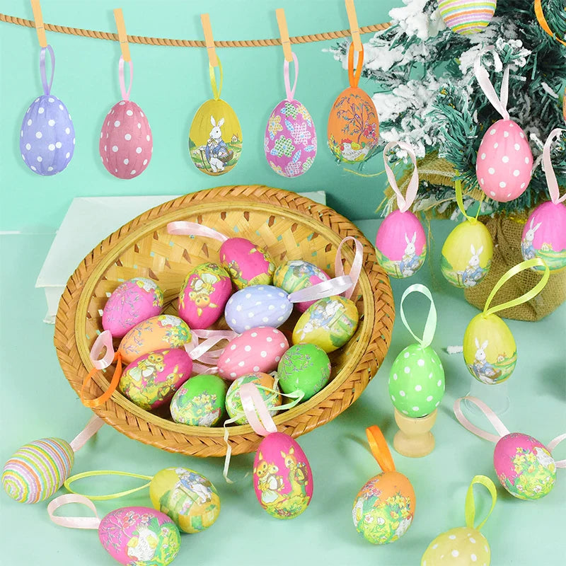 12Pcs Colorful Easter Eggs Hanging Pendant Ornament Rabbit Painting Egg Decor Happy Easter Party Decoration Home Kids Gifts 2025