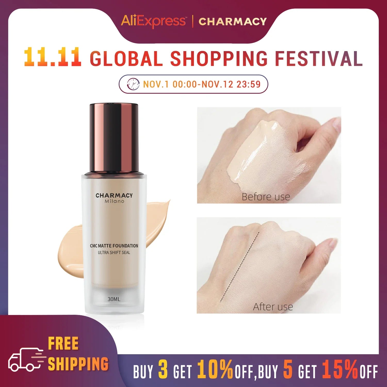 CHARMACY Foundation Makeup Base Liquid Concealer Professional Makeup Long Lasting Oil Control Matte Liquid Foundation Cosmetics