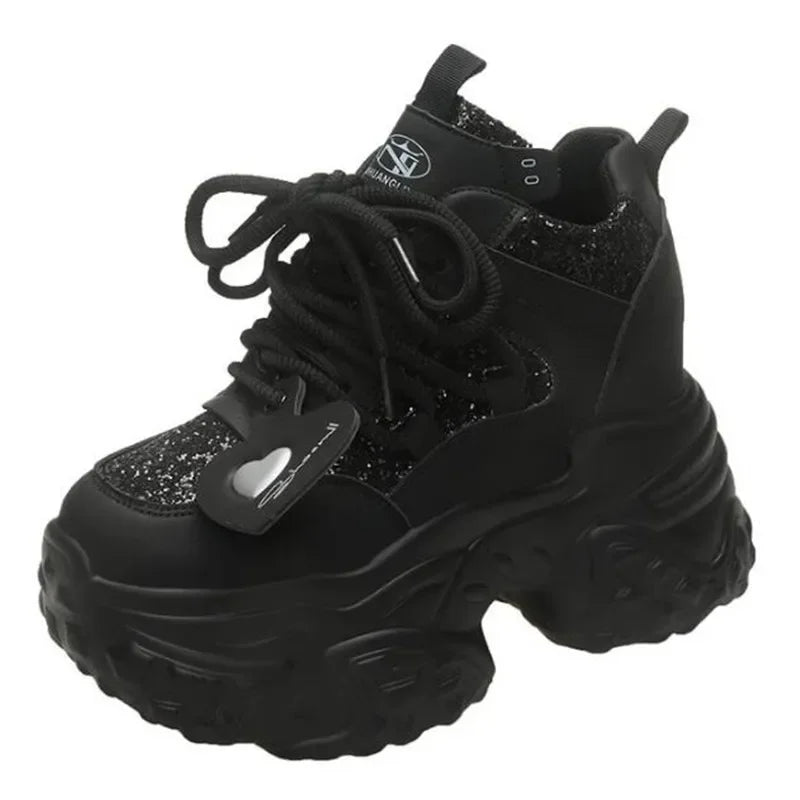 10.5CM Women Casual Platform Sneakers High Heels New Autumn Sports Leather Shoes Bling Trainers Chunky Sneaker Zapatos Mujer