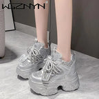 10.5CM Women Casual Platform Sneakers High Heels New Autumn Sports Leather Shoes Bling Trainers Chunky Sneaker Zapatos Mujer