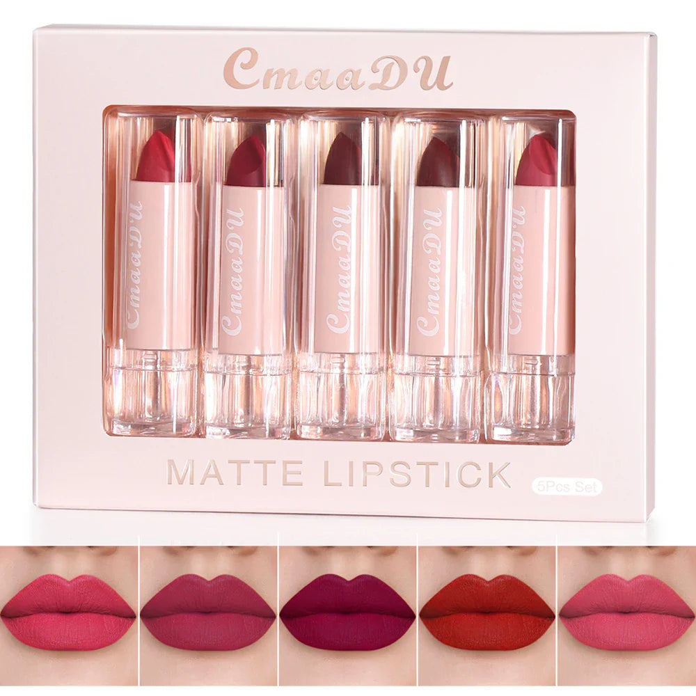5 Pcs  Matte Lipstick Sets Lip Gloss Moisturizing Long-lasting Easy Makeup Fashion Classic Shades For Daily Date Exquisite Gift