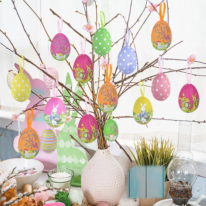 12Pcs Colorful Easter Eggs Hanging Pendant Ornament Rabbit Painting Egg Decor Happy Easter Party Decoration Home Kids Gifts 2025