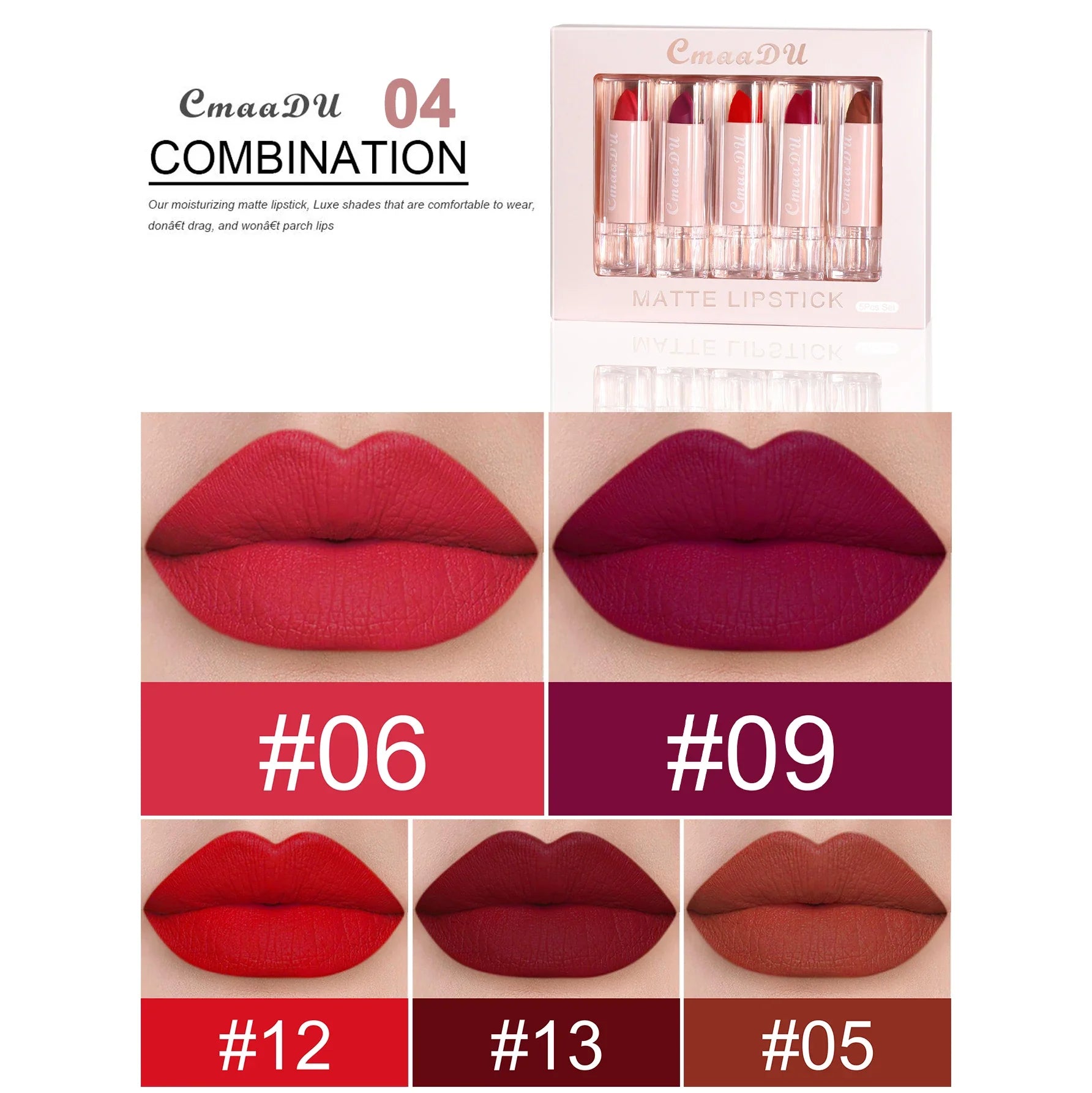 5 Pcs  Matte Lipstick Sets Lip Gloss Moisturizing Long-lasting Easy Makeup Fashion Classic Shades For Daily Date Exquisite Gift