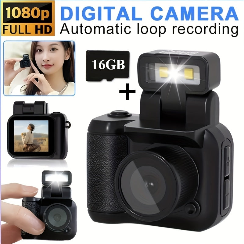 1080P HD Mini Digital Camera with LED Flash, Keychain Attachment, and 16GB Memory Card – Compact Retro Instant Camera for Travel, Holidays, and Everyday Use (White/Pink/Black), Mini Camera